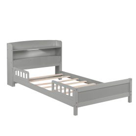 Twin Pine Wood Bed With Bookcase Headboard , LED Light and Guardrails