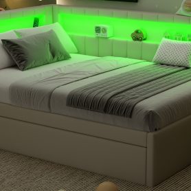 Upholstered Full Size Platform Bed with USB Ports, LED Belt and Trundle