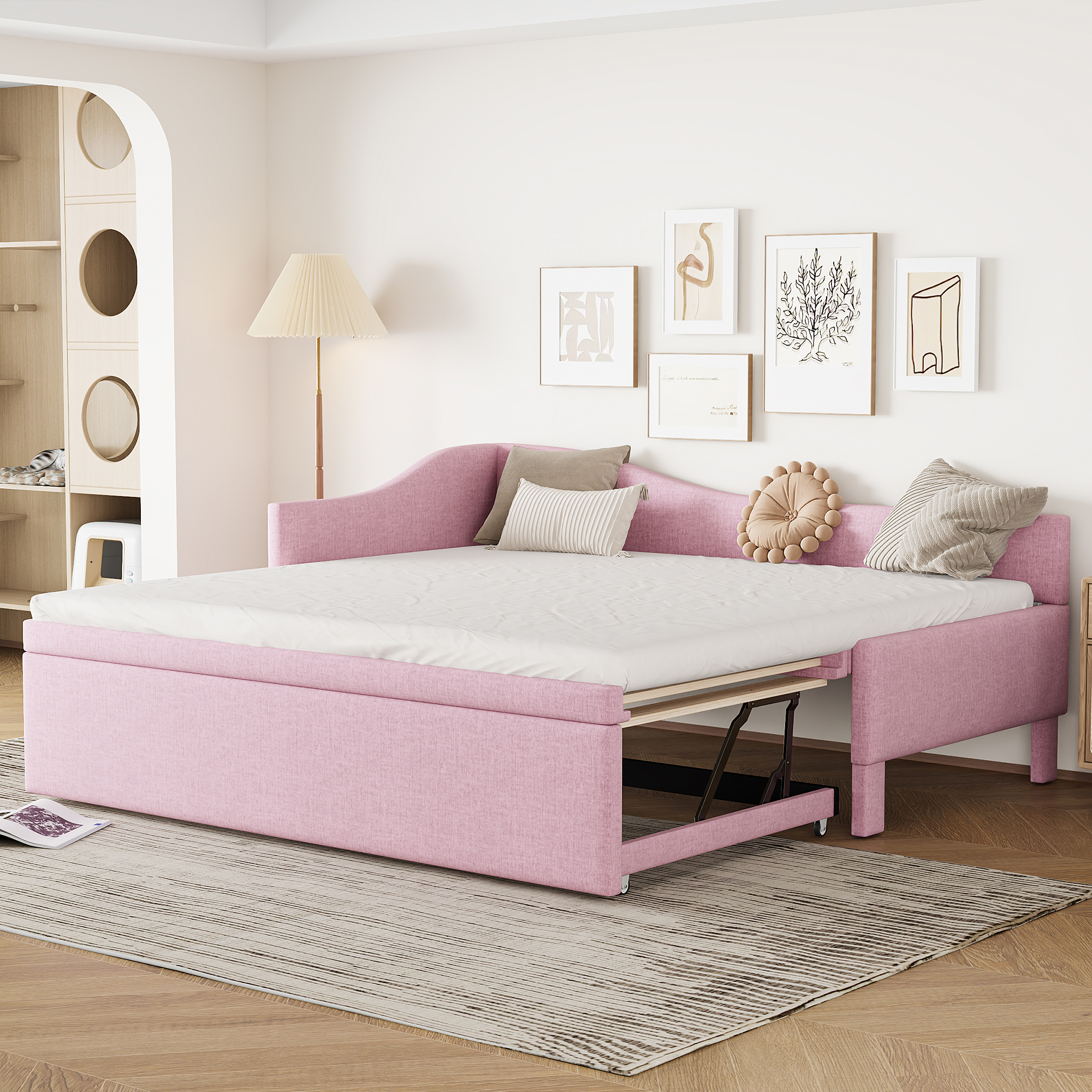 Twin Size Upholstered L-Shaped Daybed with Pop Up Trundle