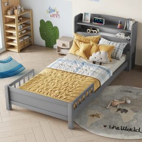 Twin Pine Wood Bed With Bookcase Headboard , LED Light and Guardrails