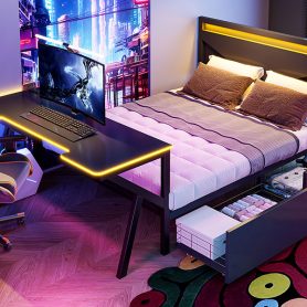 Full Size Metal Gaming Platform Bed with LED Headboard, LED Desk, USB and Two Storage Drawers