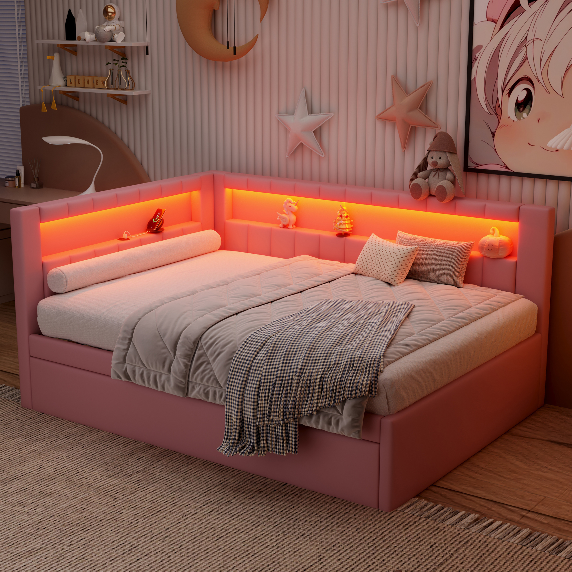 Upholstered Full Size Platform Bed with USB Ports, LED Belt and Trundle