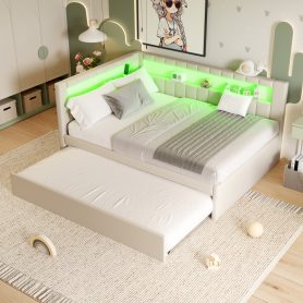 Upholstered Full Size Platform Bed with USB Ports, LED Belt and Trundle