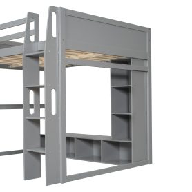 Wood Full Size Gaming Loft Bed with Desk, Multi-storage Shelves, LED and a Hanging Clothes Rack