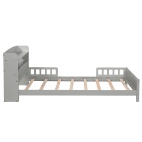 Twin Pine Wood Bed With Bookcase Headboard , LED Light and Guardrails