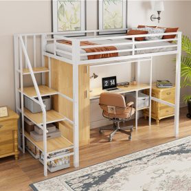 Metal Twin Loft Bed With Desk, Shelf, Wardrobe and Storage Staircase