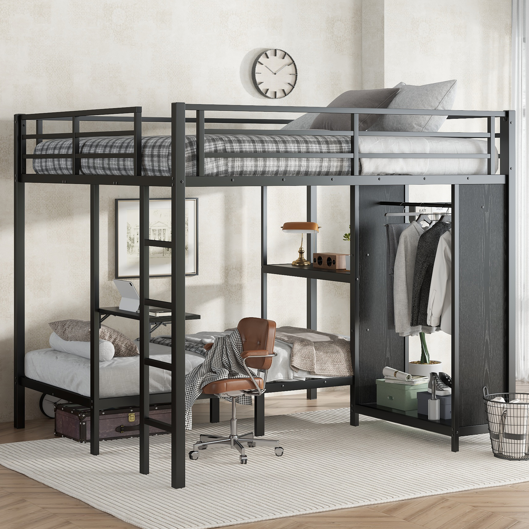 Metal King over Twin XL Size Bunk Bed Frame with Built-in Wardrobe 3 Metal King over Twin XL Size Bunk Bed Frame with Built-in Wardrobe
