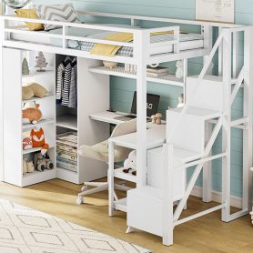Metal Twin Loft Bed With Desk, Usb Ports, 5-layer Shelf,  Wardrobe And Stepped Stairs