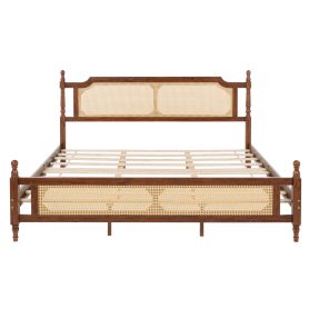 King Pine Wooden Bed With Rattan Headboard And Footboard, With Central Enhanced Bed Platform