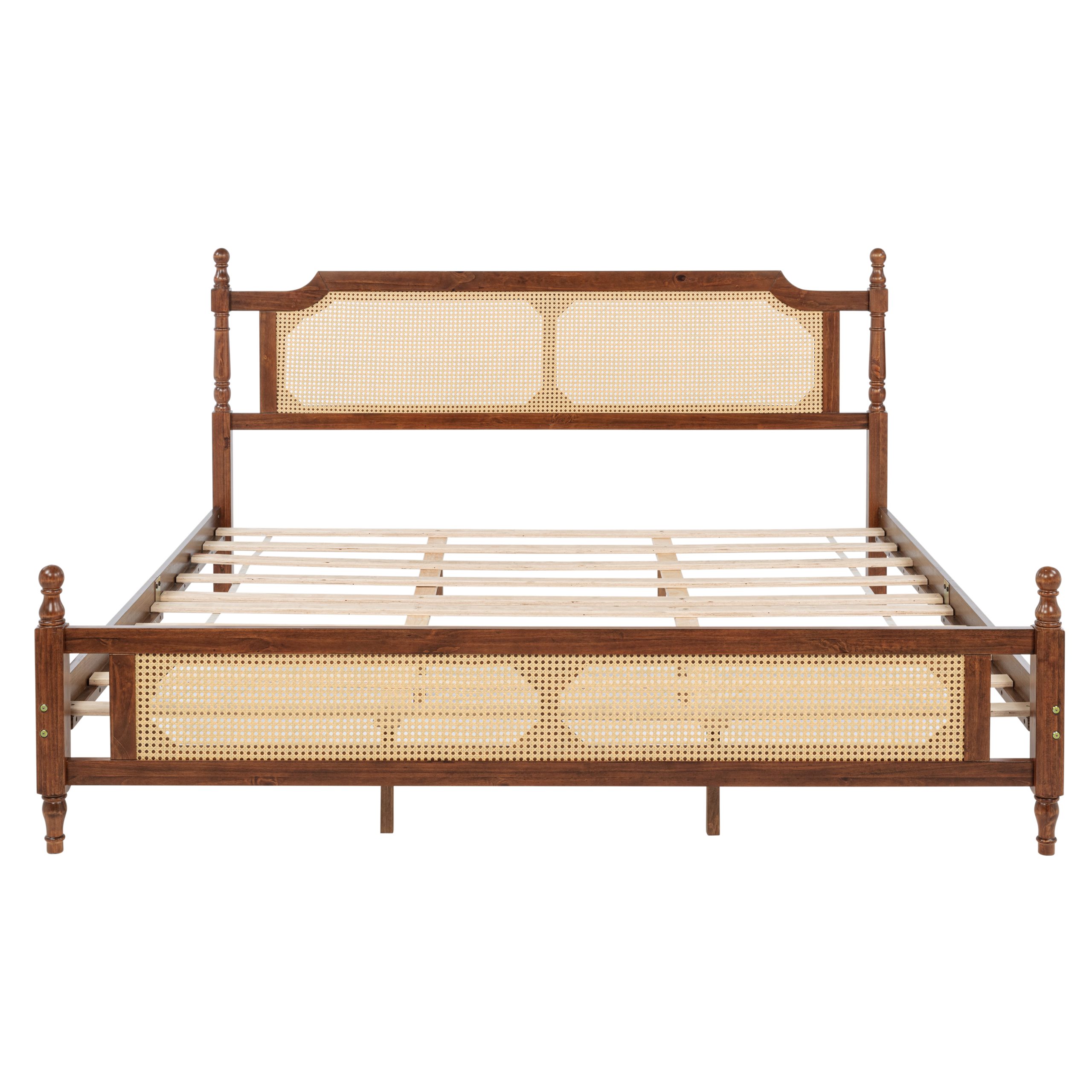 King Pine Wooden Bed With Rattan Headboard And Footboard, With Central Enhanced Bed Platform 3 King Pine Wooden Bed With Rattan Headboard And Footboard, With Central Enhanced Bed Platform
