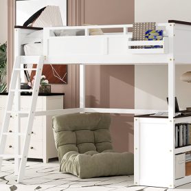 Queen Size Loft Bed with Desk, Open Shelf and a Storage Box, USB Charging Station 27 Queen Size Loft Bed with Desk, Open Shelf and a Storage Box, USB Charging Station