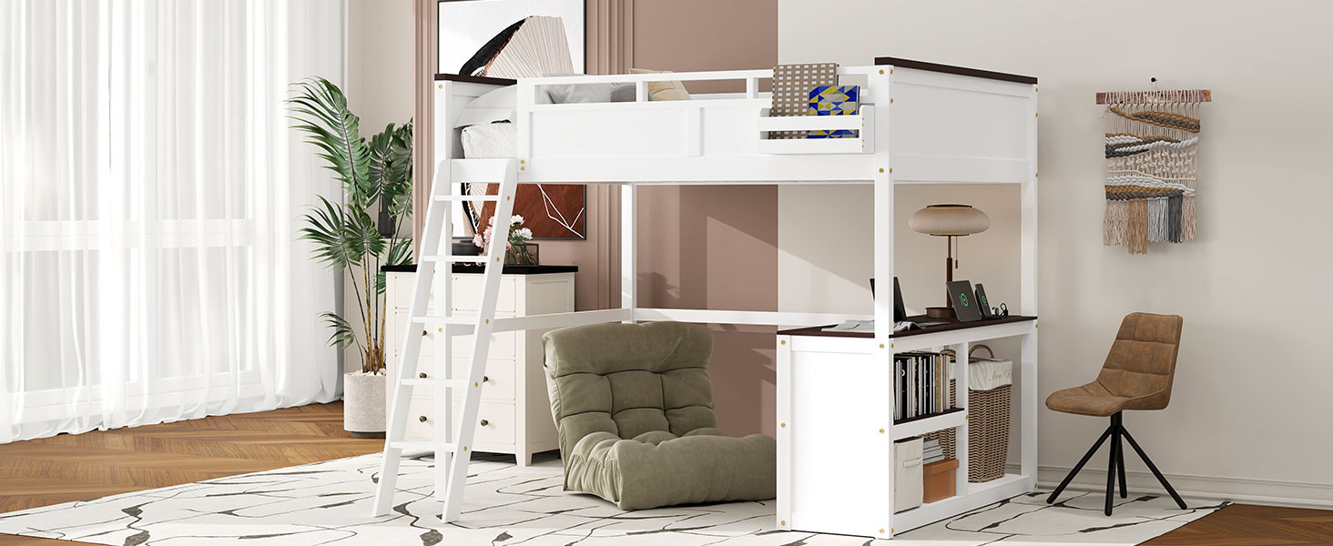Queen Size Loft Bed with Desk, Open Shelf and a Storage Box, USB Charging Station 9 Queen Size Loft Bed with Desk, Open Shelf and a Storage Box, USB Charging Station
