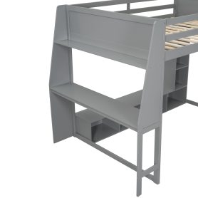Wood Full Size Gaming Loft Bed with Desk, Multi-storage Shelves, LED and a Hanging Clothes Rack