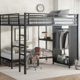 Metal King over Twin XL Size Bunk Bed Frame with Built-in Wardrobe 28 Metal King over Twin XL Size Bunk Bed Frame with Built-in Wardrobe