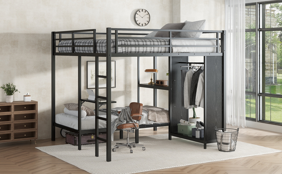 Metal King over Twin XL Size Bunk Bed Frame with Built-in Wardrobe 14 Metal King over Twin XL Size Bunk Bed Frame with Built-in Wardrobe