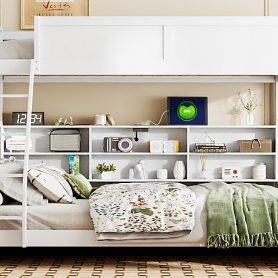 Twin XL over Queen Bunk Bed with Storage Cabinets and USB Ports