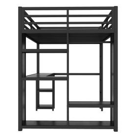 Metal Full Size Loft Bed Frame With Built-in Wardrobe, Desk And Storage Shelves