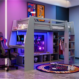 Wood Twin Size Gaming Loft Bed with Desk, Multi-storage Shelves, LED and a Hanging Clothes Rack