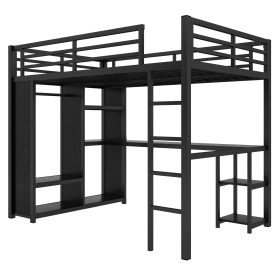 Metal Full Size Loft Bed Frame With Built-in Wardrobe, Desk And Storage Shelves