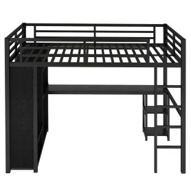 Metal Full Size Loft Bed Frame With Built-in Wardrobe, Desk And Storage Shelves