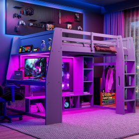 Wood Full Size Gaming Loft Bed with Desk, Multi-storage Shelves, LED and a Hanging Clothes Rack