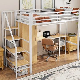 Metal Twin Loft Bed With Desk, Shelf, Wardrobe and Storage Staircase