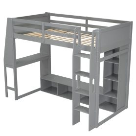 Wood Twin Size Gaming Loft Bed with Desk, Multi-storage Shelves, LED and a Hanging Clothes Rack