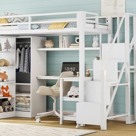 Metal Twin Loft Bed With Desk, Usb Ports, 5-layer Shelf,  Wardrobe And Stepped Stairs