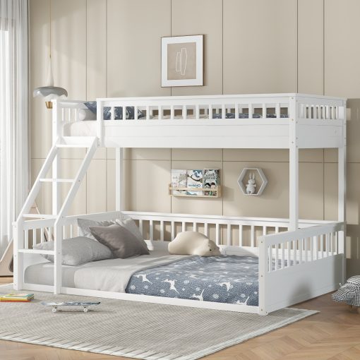 Wooden Twin XL over Queen Bunk Bed with Ladder and Guardrails