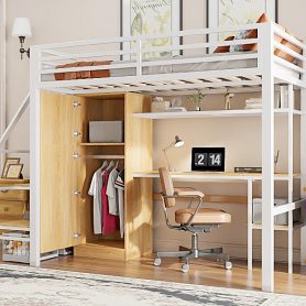 Metal Twin Loft Bed With Desk, Shelf, Wardrobe and Storage Staircase