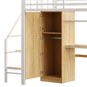 Metal Twin Loft Bed With Desk, Shelf, Wardrobe and Storage Staircase