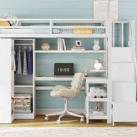 Metal Twin Loft Bed With Desk, Usb Ports, 5-layer Shelf,  Wardrobe And Stepped Stairs
