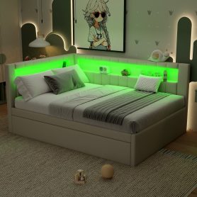 Upholstered Full Size Platform Bed with USB Ports, LED Belt and Trundle