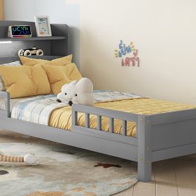 Twin Pine Wood Bed With Bookcase Headboard , LED Light and Guardrails