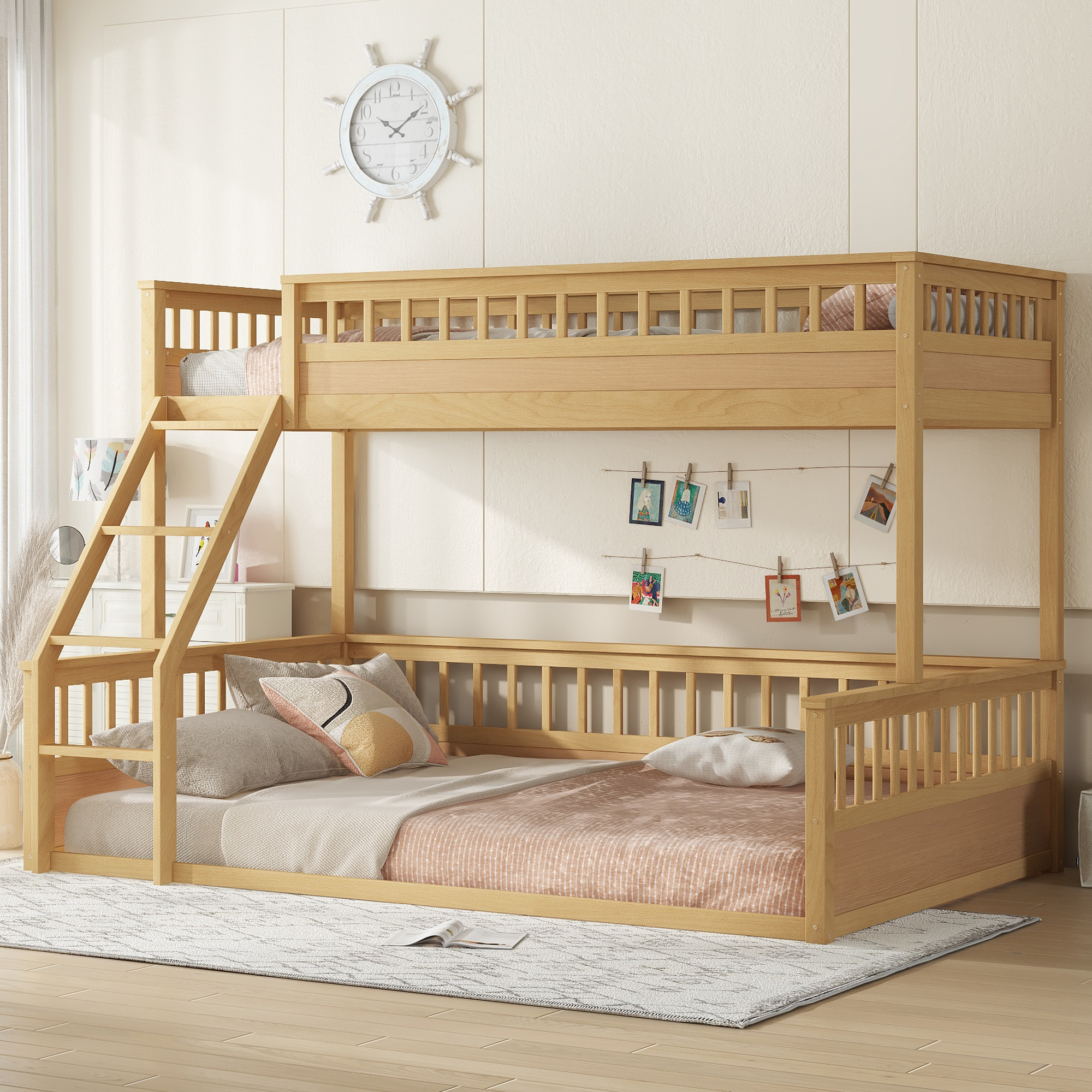 Wooden Twin XL over Queen Bunk Bed with Ladder and Guardrails