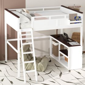 Queen Size Loft Bed with Desk, Open Shelf and a Storage Box, USB Charging Station 24 Queen Size Loft Bed with Desk, Open Shelf and a Storage Box, USB Charging Station