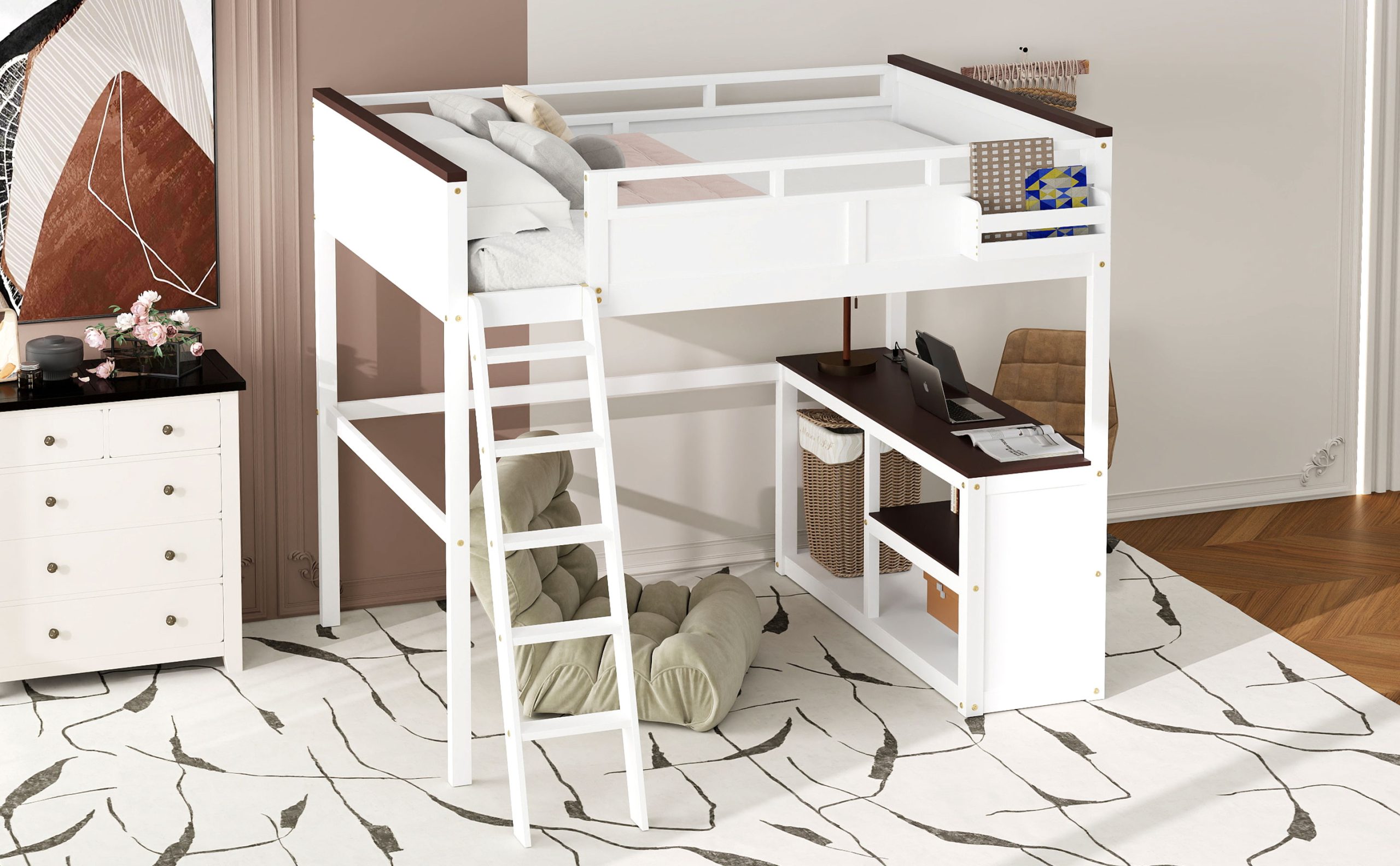 Queen Size Loft Bed with Desk, Open Shelf and a Storage Box, USB Charging Station 6 Queen Size Loft Bed with Desk, Open Shelf and a Storage Box, USB Charging Station