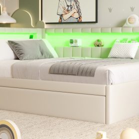 Upholstered Full Size Platform Bed with USB Ports, LED Belt and Trundle