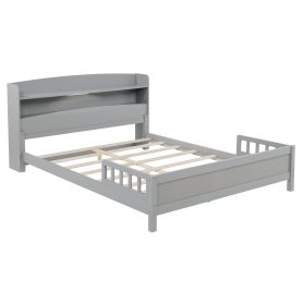 Full Pine Wood Bed with Bookcase Headboard ,LED Motion Sensor Light, Bed Guardrails