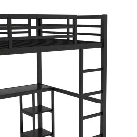 Metal Full Size Loft Bed Frame With Built-in Wardrobe, Desk And Storage Shelves
