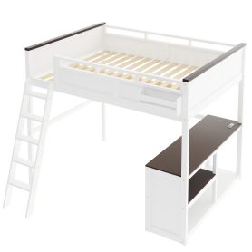 Queen Size Loft Bed with Desk, Open Shelf and a Storage Box, USB Charging Station 34 Queen Size Loft Bed with Desk, Open Shelf and a Storage Box, USB Charging Station