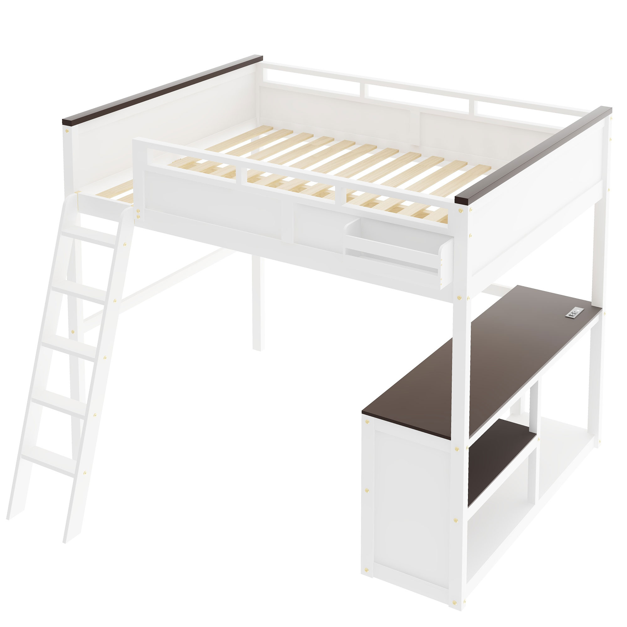 Queen Size Loft Bed with Desk, Open Shelf and a Storage Box, USB Charging Station 16 Queen Size Loft Bed with Desk, Open Shelf and a Storage Box, USB Charging Station