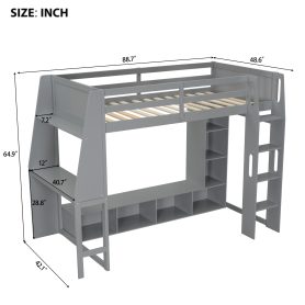 Wood Twin Size Gaming Loft Bed with Desk, Multi-storage Shelves, LED and a Hanging Clothes Rack