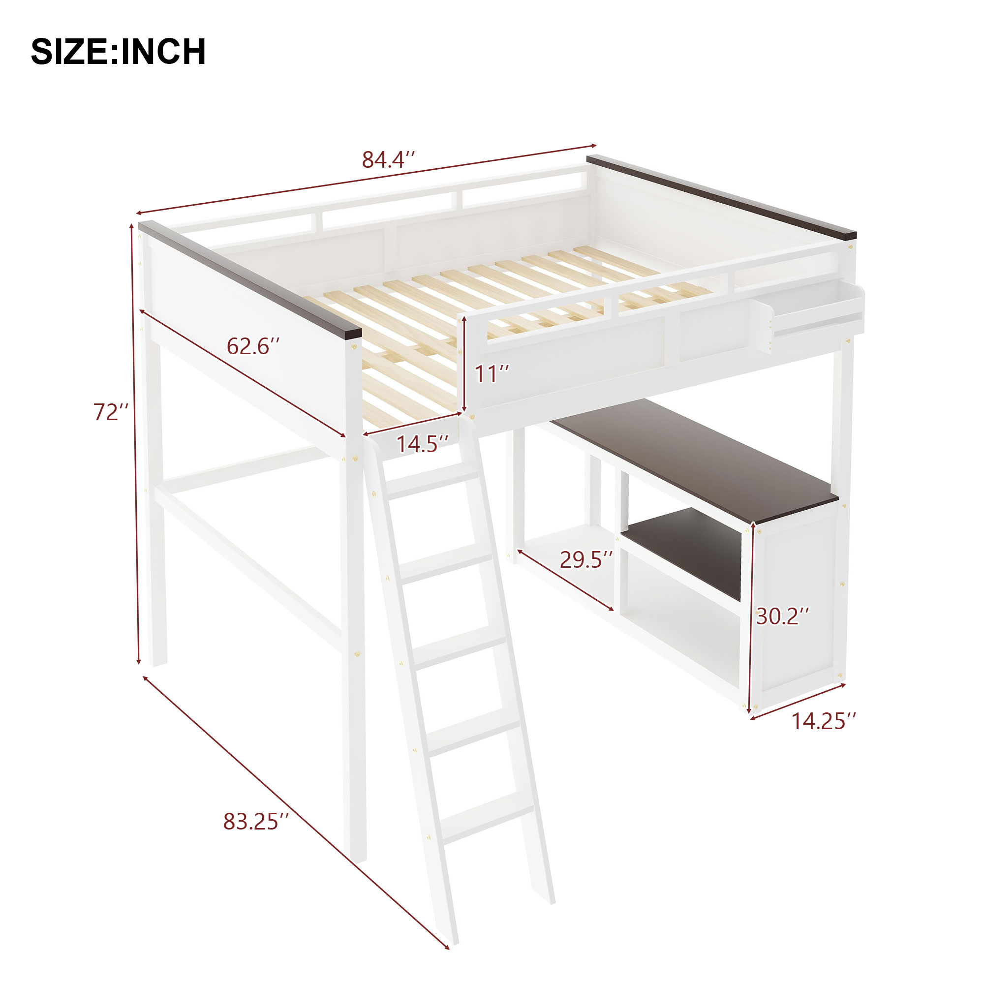 Queen Size Loft Bed with Desk, Open Shelf and a Storage Box, USB Charging Station 13 Queen Size Loft Bed with Desk, Open Shelf and a Storage Box, USB Charging Station