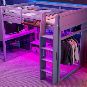 Wood Full Size Gaming Loft Bed with Desk, Multi-storage Shelves, LED and a Hanging Clothes Rack