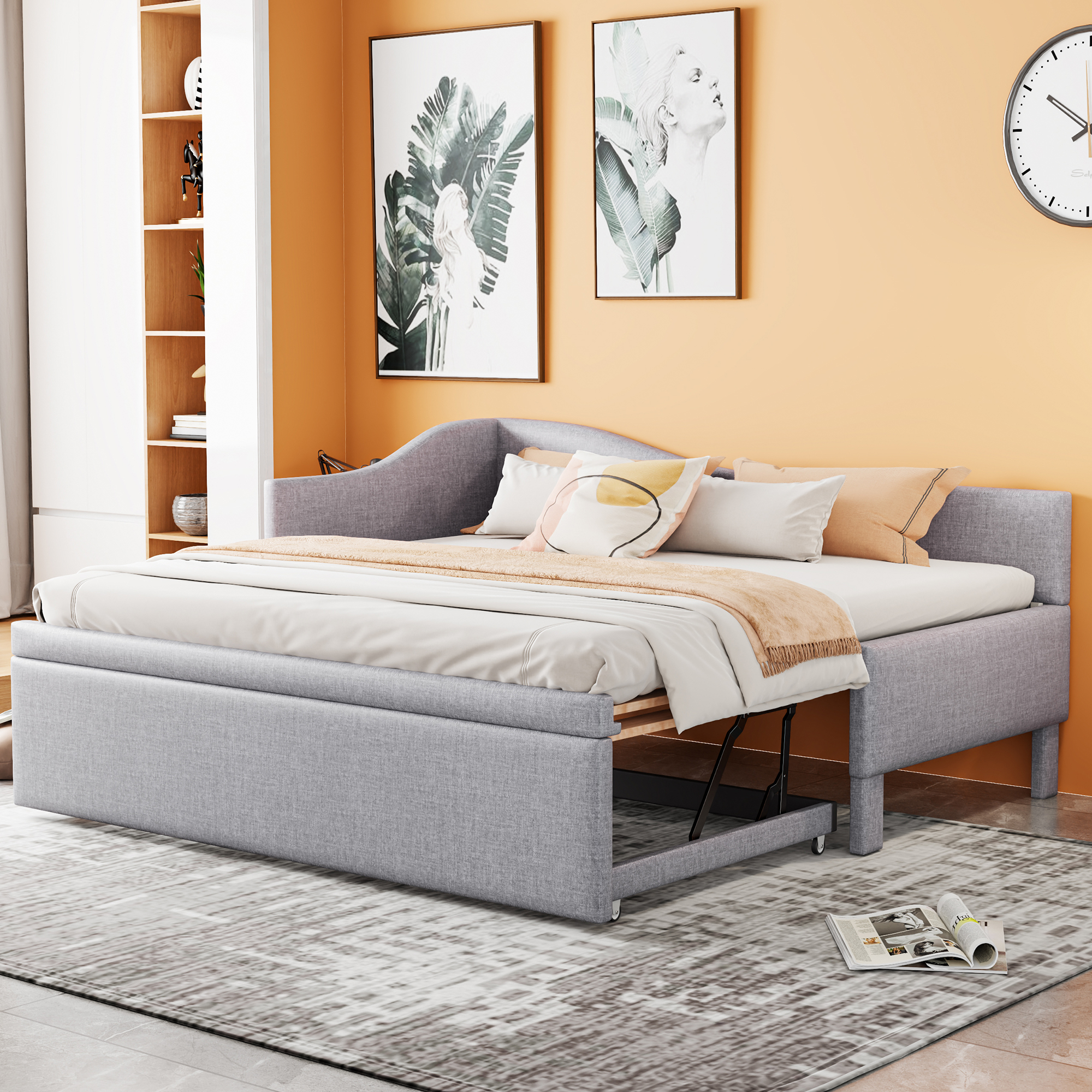 Twin Size Upholstered L-Shaped Daybed with Pop Up Trundle