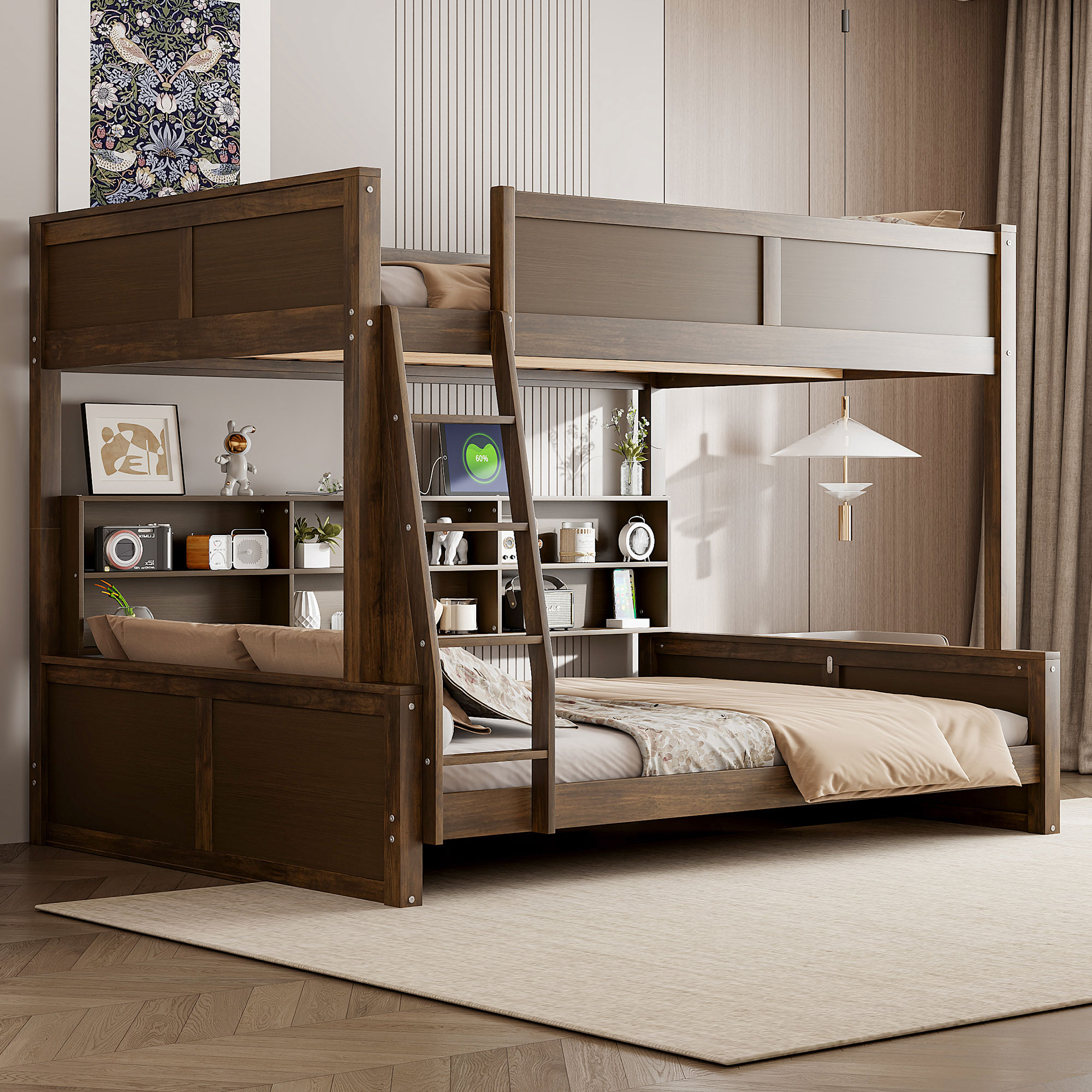 Full XL over Queen Bunk Bed with Storage Cabinets and USB Ports