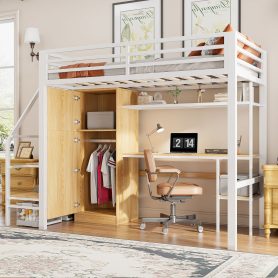 Metal Twin Loft Bed With Desk, Shelf, Wardrobe and Storage Staircase