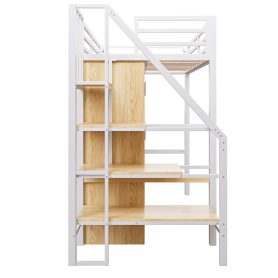 Metal Twin Loft Bed With Desk, Shelf, Wardrobe and Storage Staircase