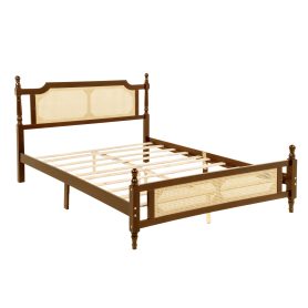 Queen Pine Wooden Bed With Rattan Headboard And Footboard, With Central Enhanced Bed Platform 35 Queen Pine Wooden Bed With Rattan Headboard And Footboard, With Central Enhanced Bed Platform